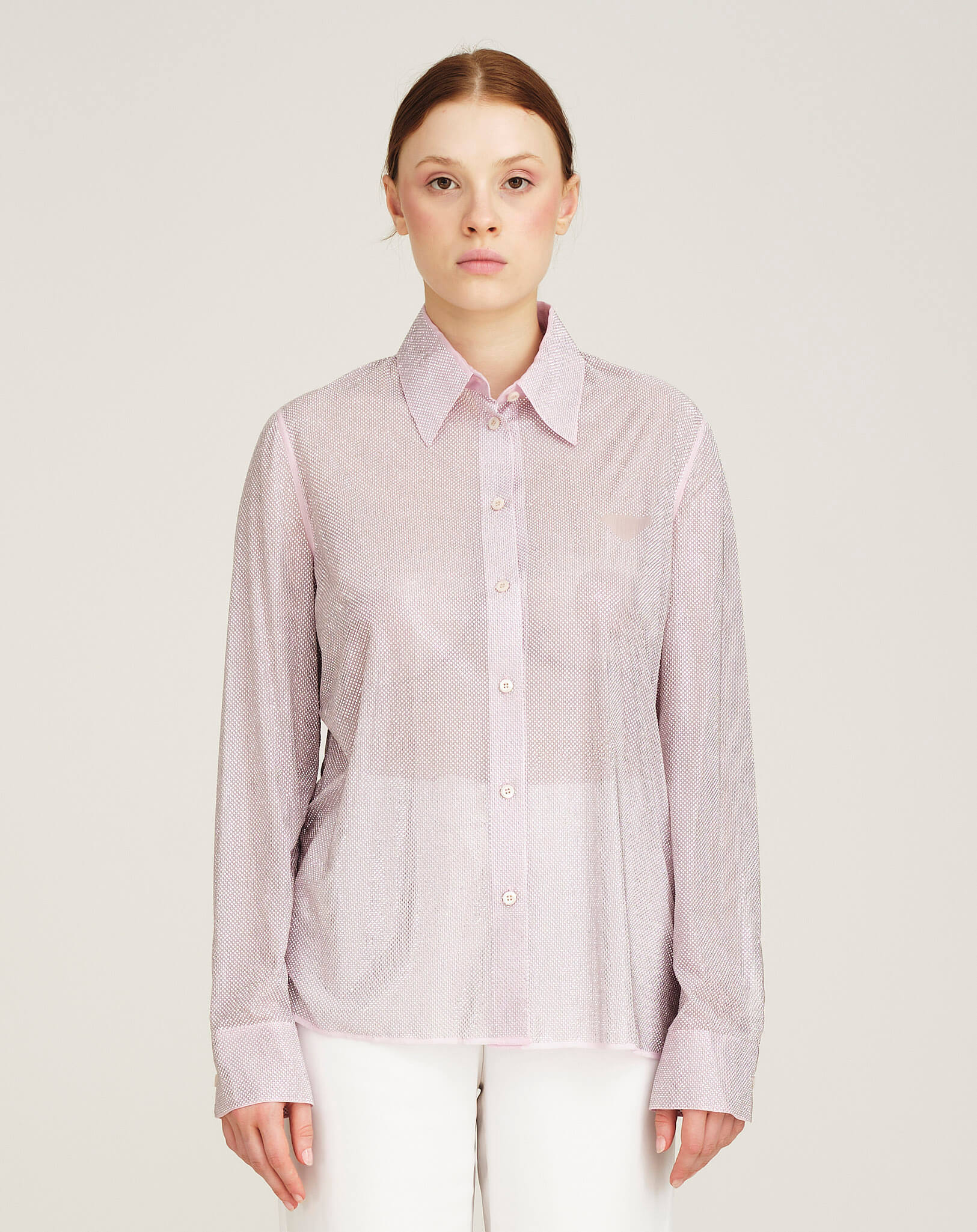 Prada - Pink Rhinestone Studded Silk Shirt 40